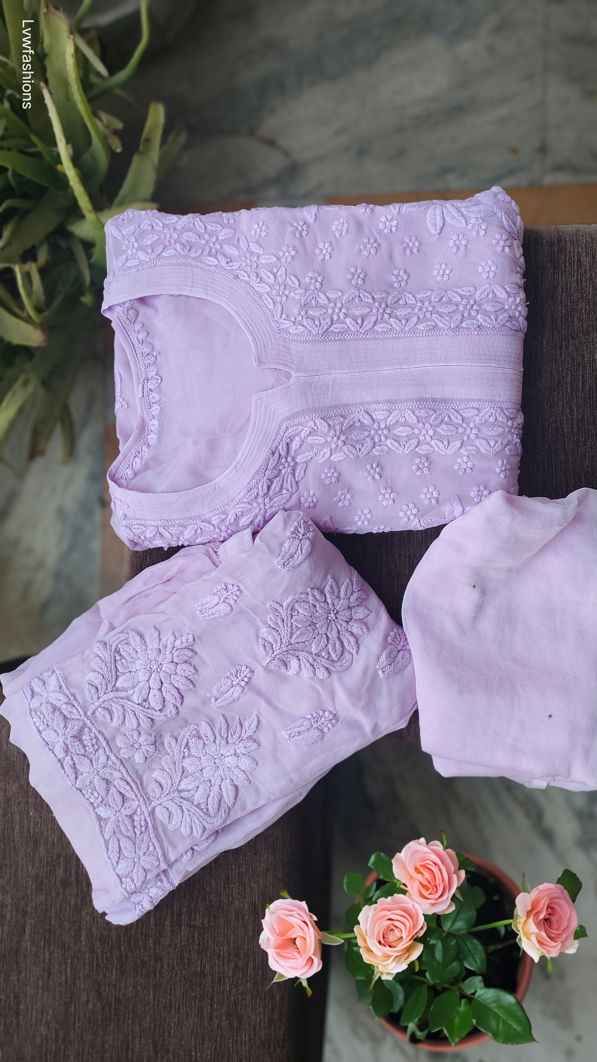 Handmade lavender Adaya Powder Chikankari Kurta by LVW Fashions featuring intricate Lucknow embroidery, displayed on a plain background.