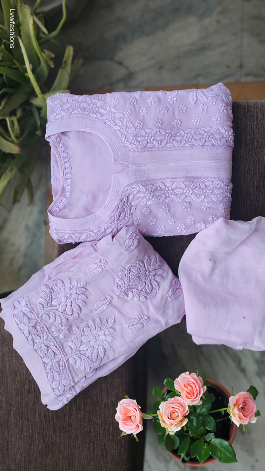 Handmade lavender Adaya Powder Chikankari Kurta by LVW Fashions featuring intricate Lucknow embroidery, displayed on a plain background.