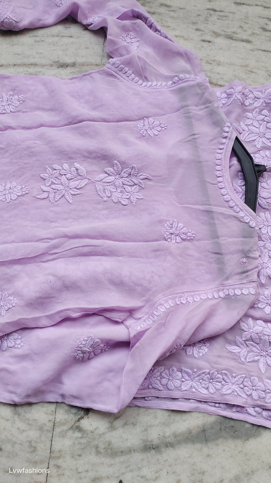 Handmade lavender Adaya Powder Chikankari Kurta by LVW Fashions featuring intricate Lucknow embroidery.