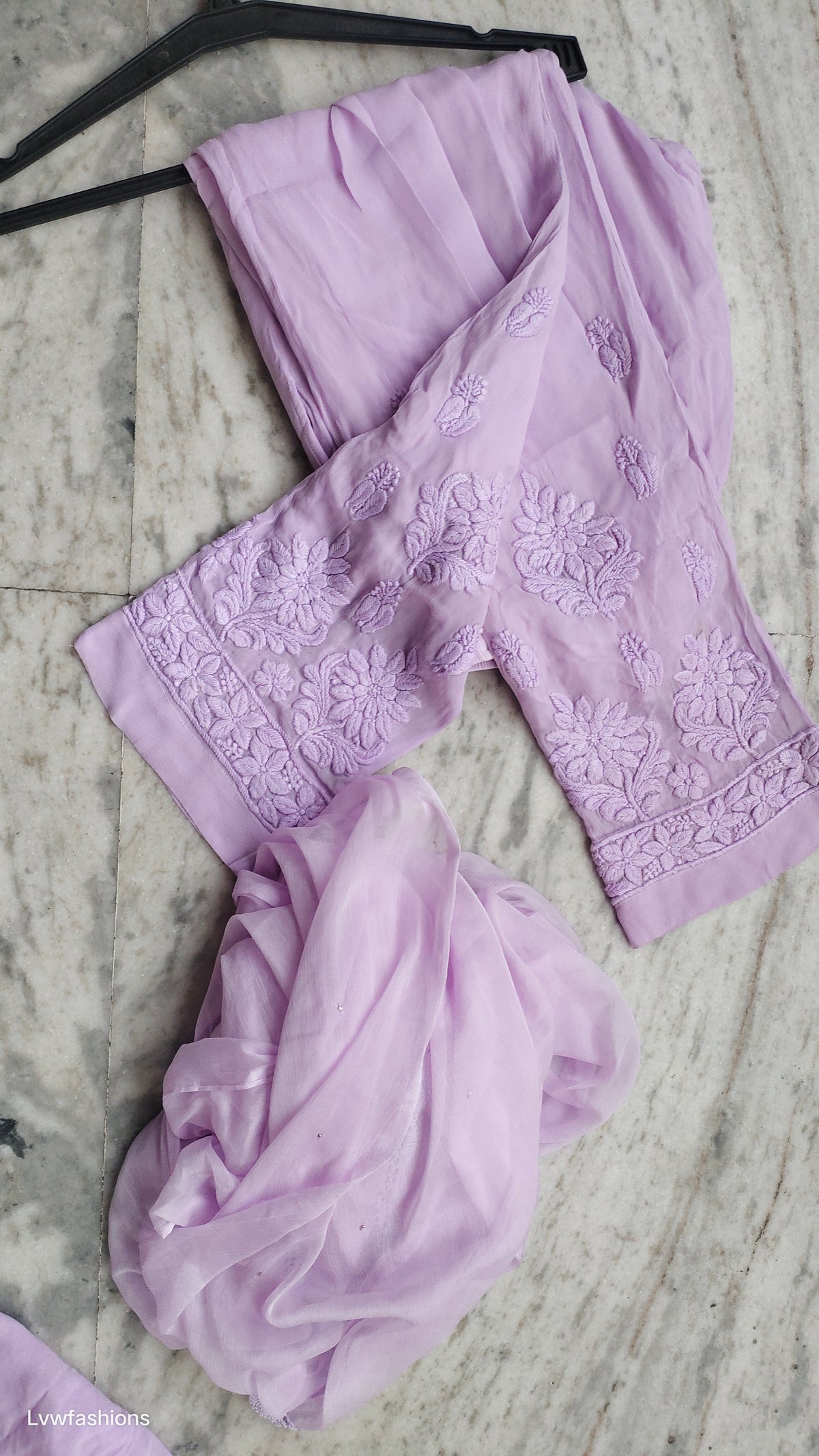 Handmade lavender Adaya Powder Chikankari Kurta by LVW Fashions, showcasing intricate Lucknow embroidery.