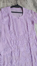 Handmade lavender Adaya Powder Chikankari Kurta by LVW Fashions, Lucknow embroidery, displayed on a plain background.