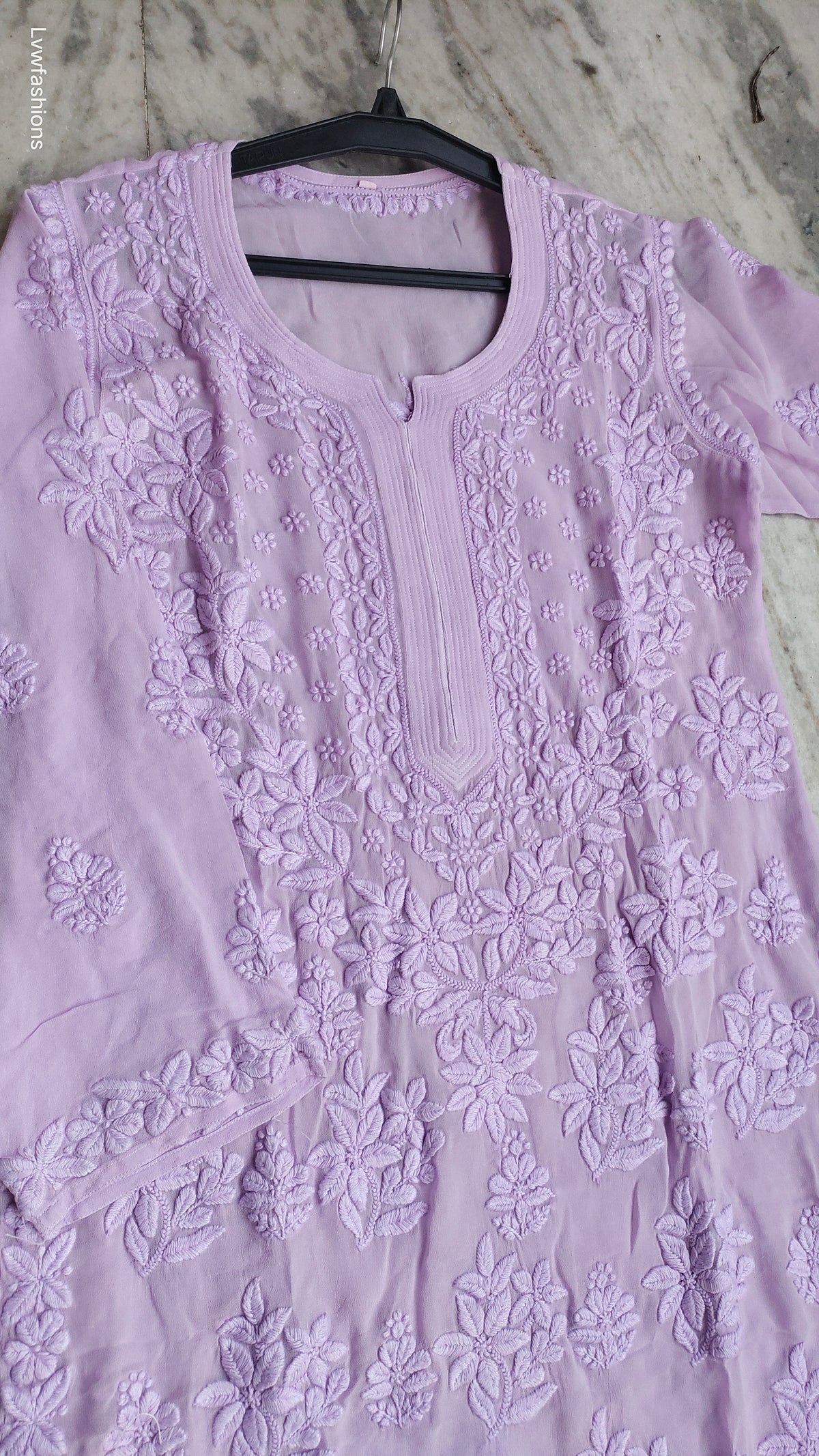 Handmade lavender Adaya Powder Chikankari Kurta by LVW Fashions, Lucknow embroidery, displayed on a plain background.