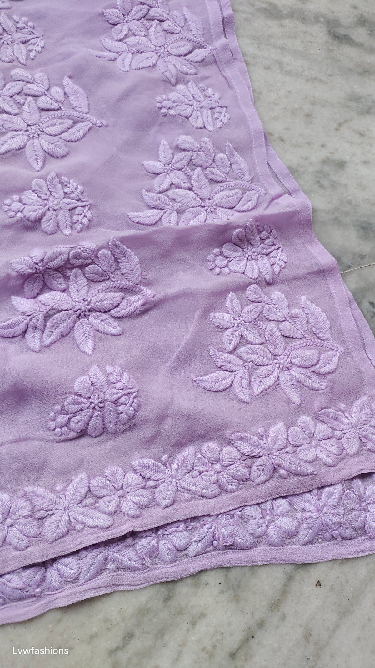 Handmade lavender Adaya Powder Chikankari Kurta by LVW Fashions, featuring intricate Lucknow embroidery and traditional craftsmanship.