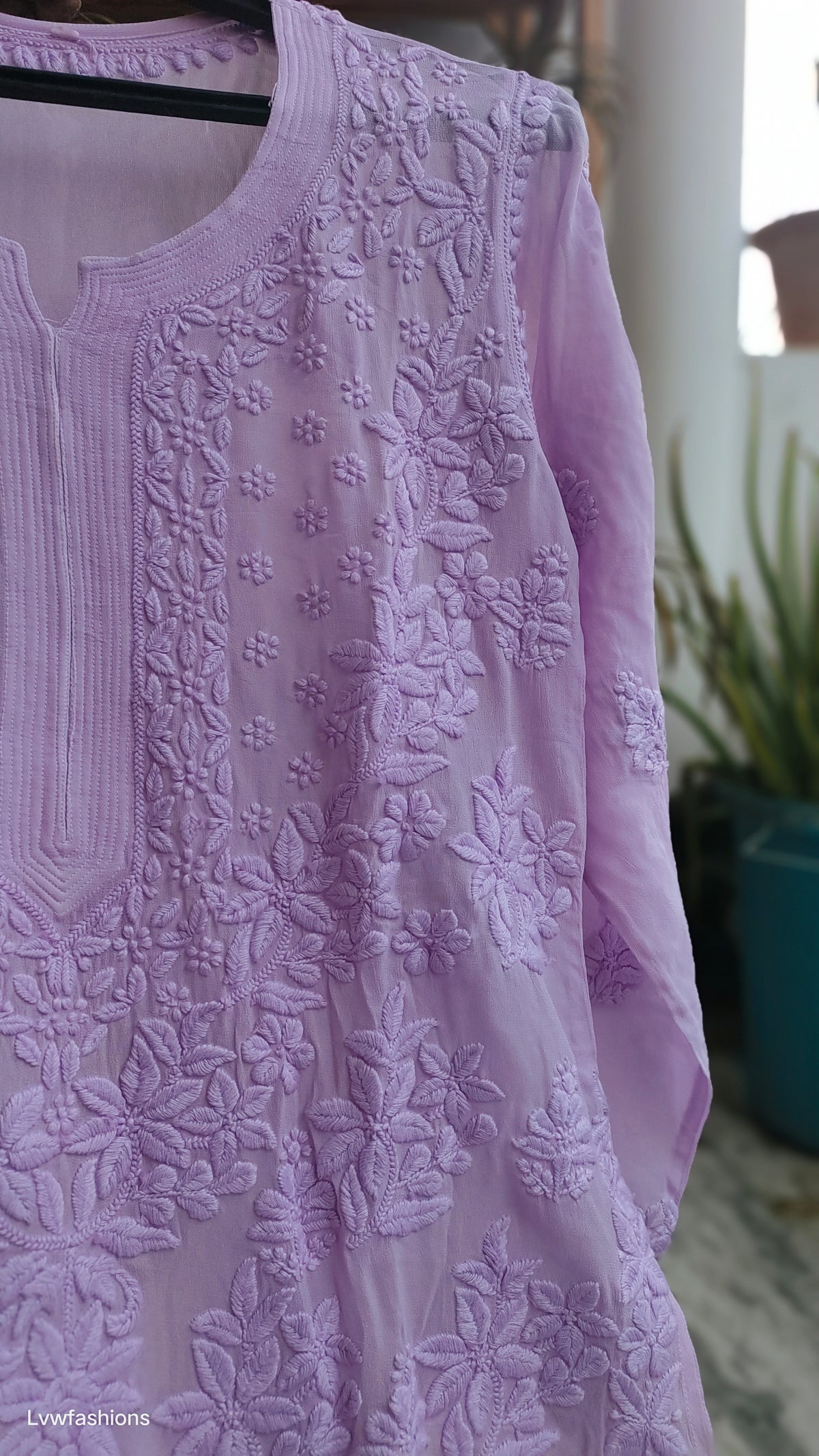 Handmade lavender Adaya Powder Chikankari Kurta by LVW Fashions featuring traditional Lucknow embroidery.