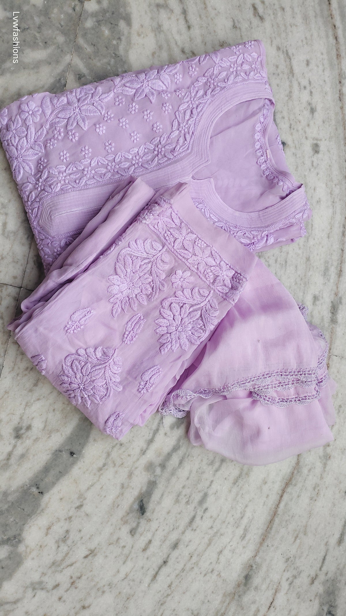 Handmade lavender Adaya Powder Chikankari Kurta by LVW Fashions, traditional Lucknow embroidery, in XXS size.