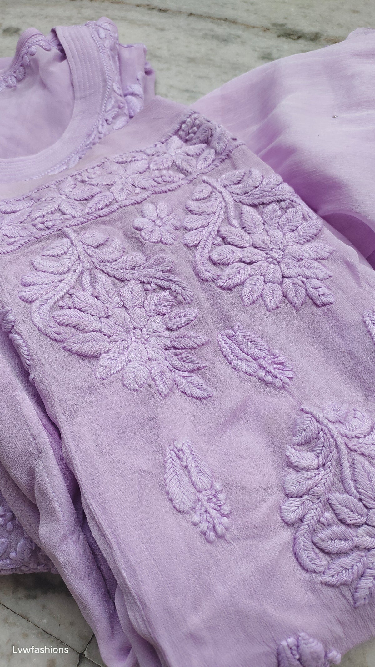 Handmade lavender Adaya Powder Chikankari Kurta by LVW Fashions, traditional Lucknow embroidery, showcased on a mannequin.