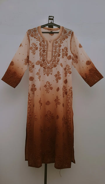 Auntie Adaya Premium Georgette Chikankari Long Kurta with intricate neck and daman embroidery, handcrafted by LVW Fashions.