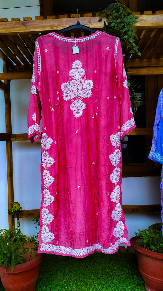 Adaya premium silk Chatak Chikankari long kurta with intricate back embroidery, handmade in Lucknow by LVW Fashions.