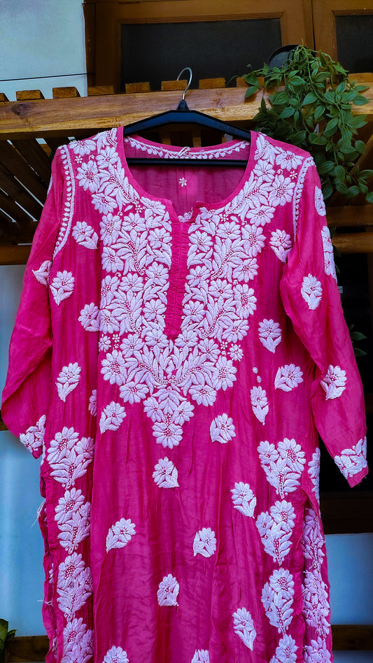 Adaya premium silk Chatak Chikankari long kurta with intricate back embroidery, handmade in Lucknow by LVW Fashions.