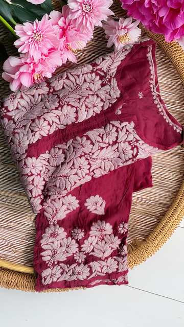 Adaya Surkh premium silk Chatak Chikankari Kurta with intricate back embroidery, handmade in Lucknow by LVW Fashions.