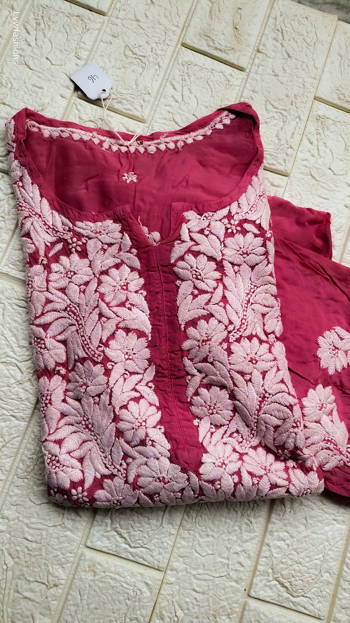 Adaya Surkh premium silk Chatak Chikankari Kurta with intricate back embroidery, handmade by LVW Fashions, featuring traditional Lucknow Chikankari.