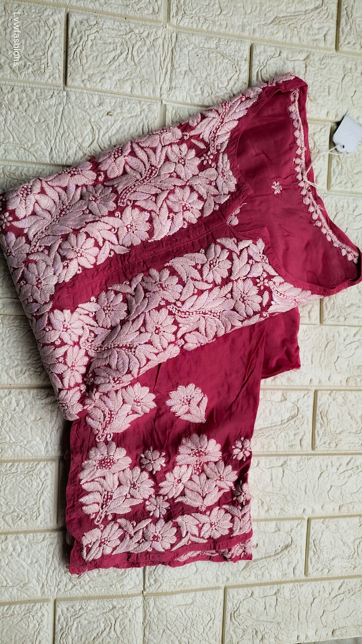 Adaya Surkh Premium Silk Chatak Chikankari Kurta by LVW Fashions with intricate back embroidery, handmade Lucknow Chikankari in XXS size.