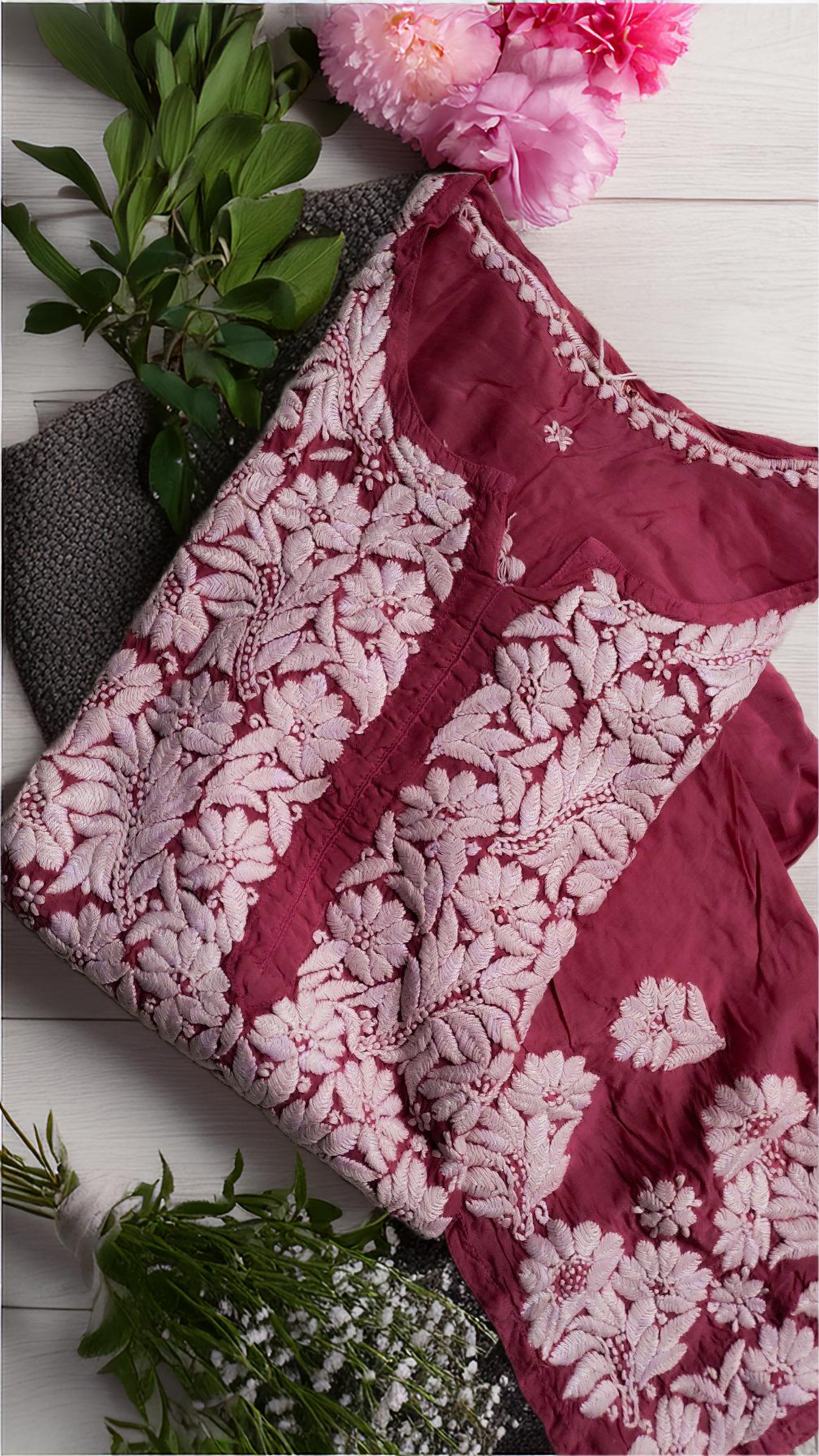 Adaya Surkh premium silk Chatak Chikankari kurta by LVW Fashions featuring intricate back embroidery and handmade Lucknow Chikankari.