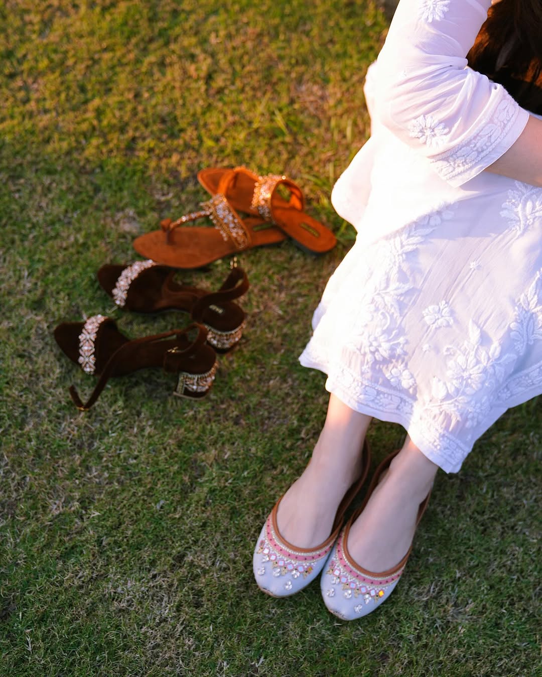 White Adaya premium georgette Chikankari kurta by LVW Fashions with intricate handmade Lucknow Chikankari details.
