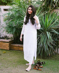 White Adaya premium georgette Chikankari kurta by LVW Fashions, showcasing intricate handmade Lucknow Chikankari embroidery.