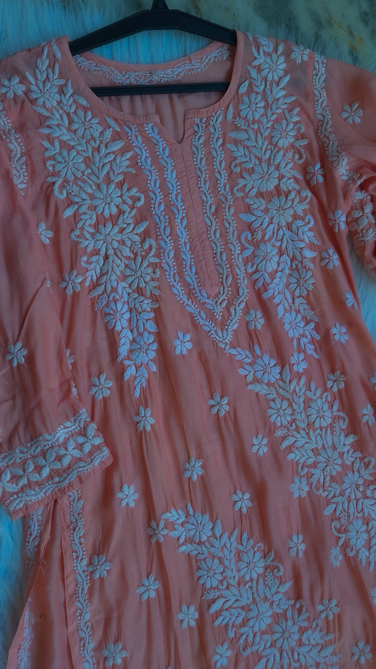 Alia premium silk long kurta by LVW Fashions with handcrafted Lucknow chikankari embroidery, showcasing intricate hand embroidery detail.