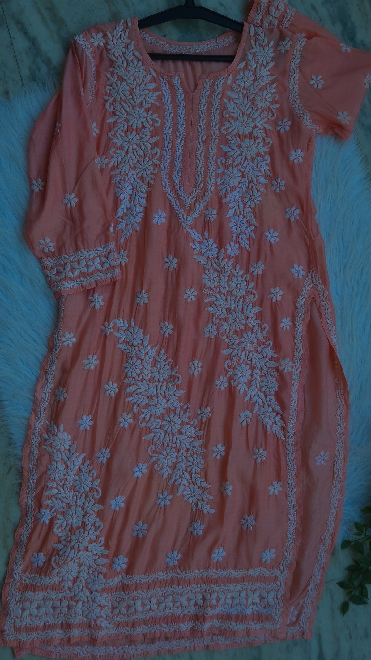 Alia Premium Silk Long Kurta by LVW Fashions featuring handwoven Lucknow Chikankari embroidery and pure silk fabric.