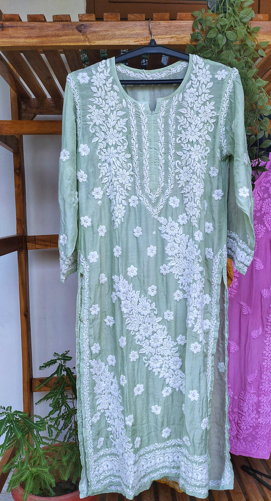 Feriha Premium Silk Chikankari Kurta by LVW Fashions, handmade in Lucknow with intricate embroidery and luxurious silk fabric.