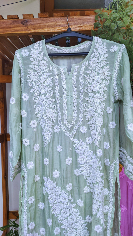 Feriha Premium Silk Chikankari Kurta by LVW Fashions with intricate handmade Lucknow embroidery, luxurious look, in XXS size.