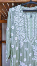 Feriha Premium Silk Chikankari Kurta by LVW Fashions, handmade Lucknow embroidery, luxurious look, with intricate white floral embroidery.