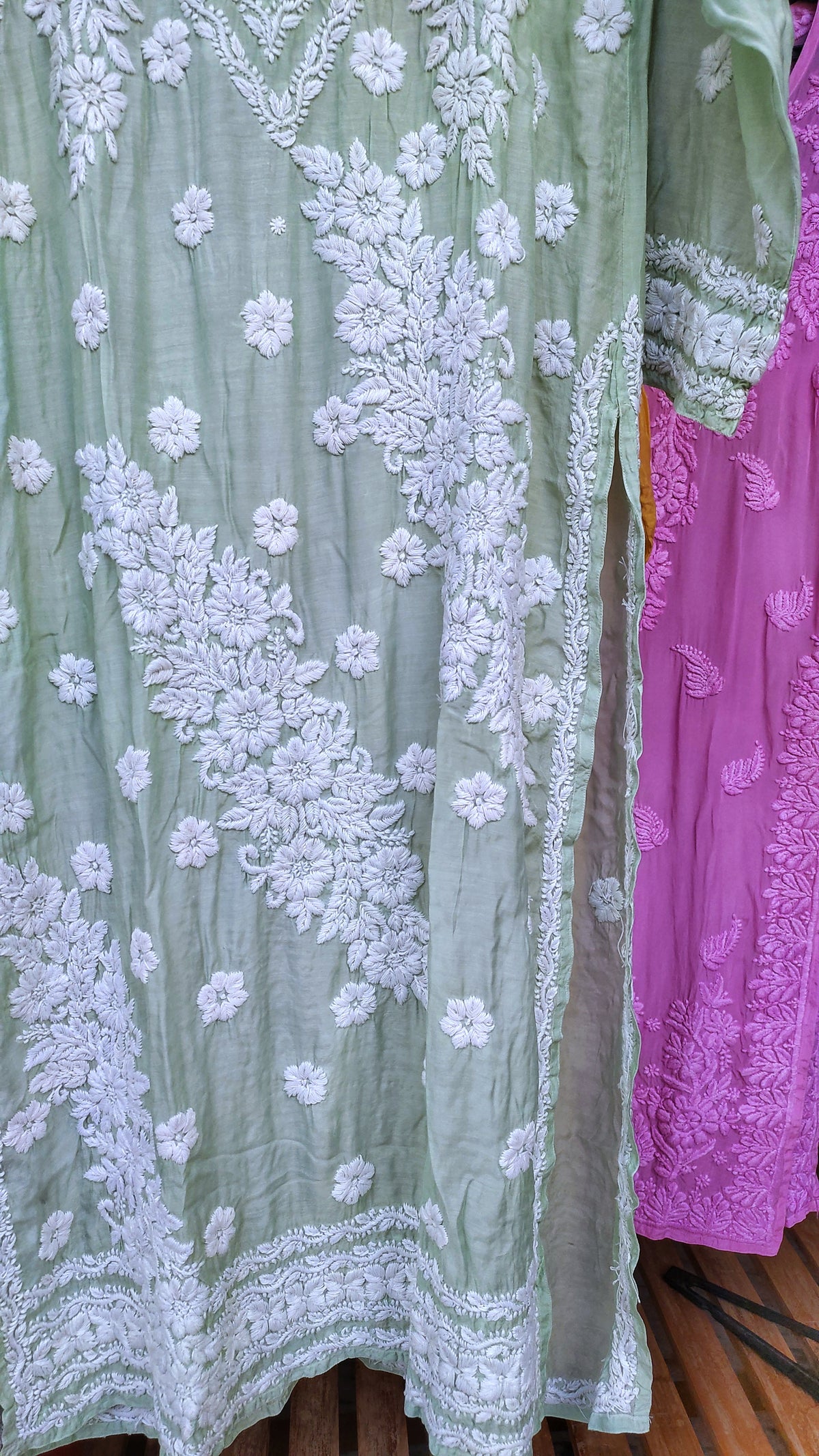 Feriha Premium Silk Chikankari Kurta by LVW Fashions in luxurious handcrafted Lucknow embroidery, featuring intricate white floral patterns.