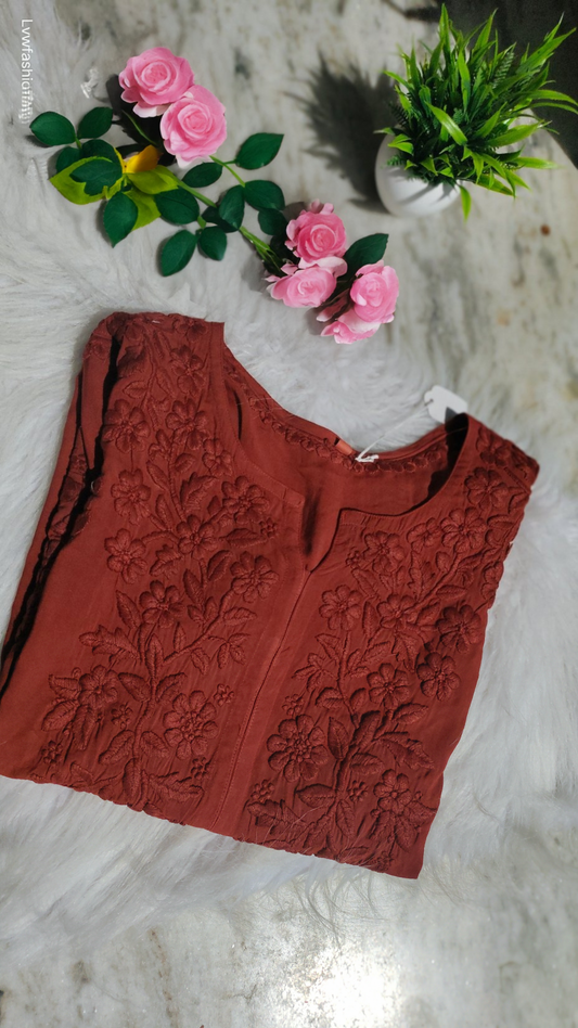 Anika non-transparent soft premium modal Chikankari kurta by LVW Fashions, handcrafted Lucknow Chikankari in XXS size.
