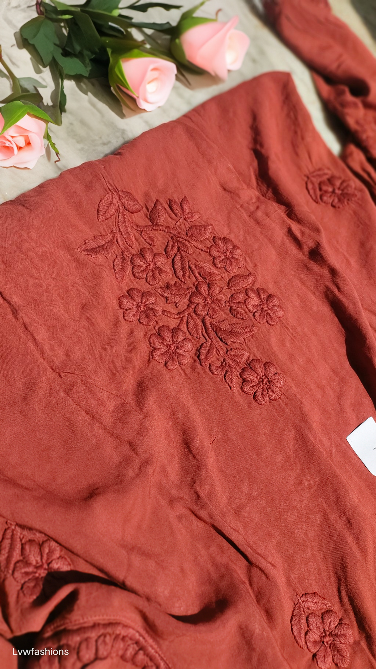 Anika non-transparent soft premium modal Chikankari Kurta by LVW Fashions, handmade Lucknow Chikankari, lightweight and elegant.