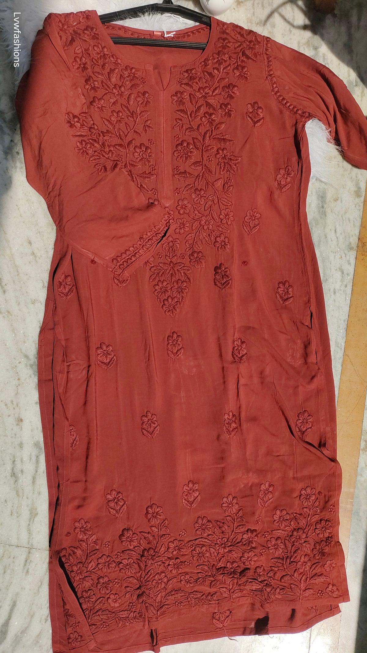 Anika non-transparent soft premium modal Chikankari Kurta by LVW Fashions, handmade Lucknow Chikankari, lightweight and elegant.