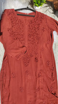Anika non-transparent soft premium modal Chikankari kurta by LVW Fashions, handcrafted in Lucknow with intricate embroidery.