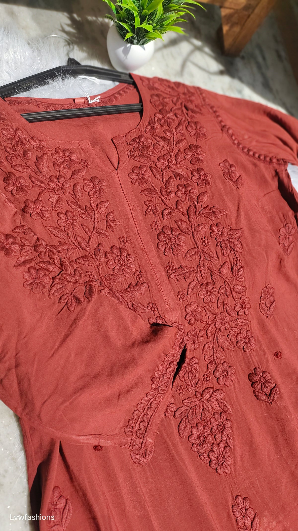 Anika non-transparent soft premium modal Chikankari Kurta by LVW Fashions, handcrafted Lucknow Chikankari, featuring intricate embroidery.
