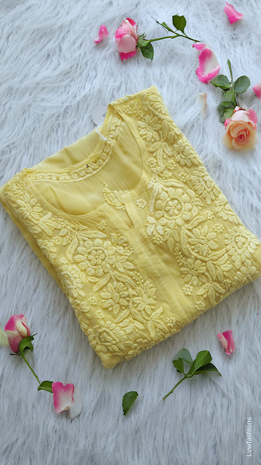 Anika Premium Silk Chikankari Long Kurta by LVW Fashions, handcrafted Lucknow Chikankari with luxurious look and intricate embroidery.