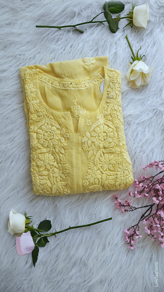 Anika premium silk Chikankari long kurta by LVW Fashions featuring intricate handmade Lucknow embroidery in a luxurious look.