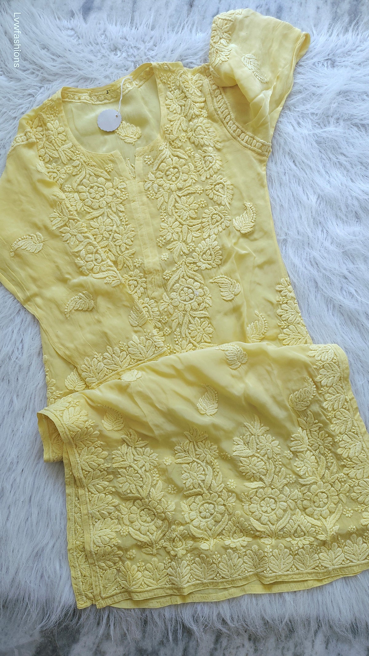 Anika premium silk long kurta with intricate Lucknow chikankari embroidery, handmade by LVW Fashions.