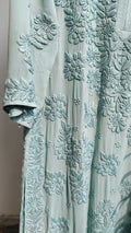 Aqua blue handmade georgette long chikankari kurta with intricate Lucknow chikankari embroidery, luxurious look, by LVW Fashions.
