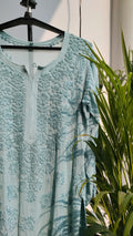 Aqua blue premium georgette long Chikankari kurta by LVW Fashions with intricate hand embroidery, luxurious look, and traditional design.
