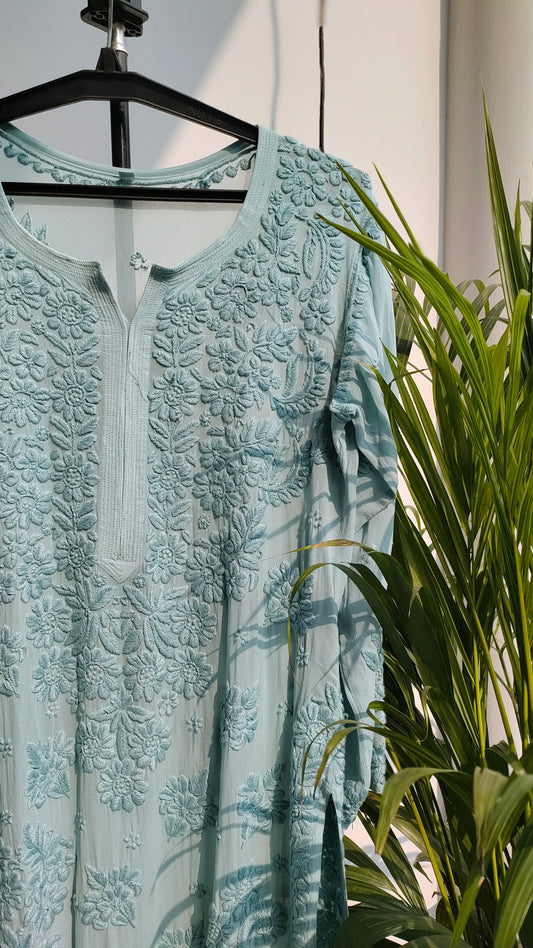 Aqua blue premium georgette long Chikankari kurta by LVW Fashions with intricate hand embroidery, luxurious look, and traditional design.