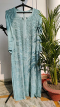 Aqua blue premium georgette long Chikankari kurta with intricate hand-embroidery by LVW Fashions, luxurious look, handmade Lucknow Chikankari.