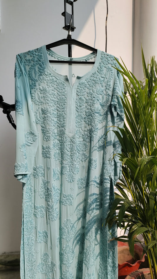 Aqua blue long georgette Chikankari kurta by LVW Fashions, featuring intricate handmade Lucknow embroidery and a luxurious look.