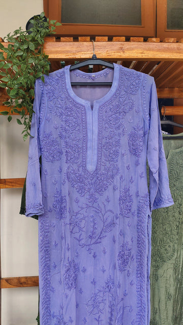 Lavender Arzoo luxury georgette Chikankari Kurta by LVW Fashions, handmade Lucknow embroidery, elegant and intricate design.