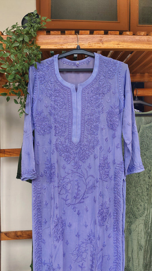 Lavender Arzoo luxury georgette Chikankari Kurta by LVW Fashions, handmade Lucknow embroidery, elegant and intricate design.