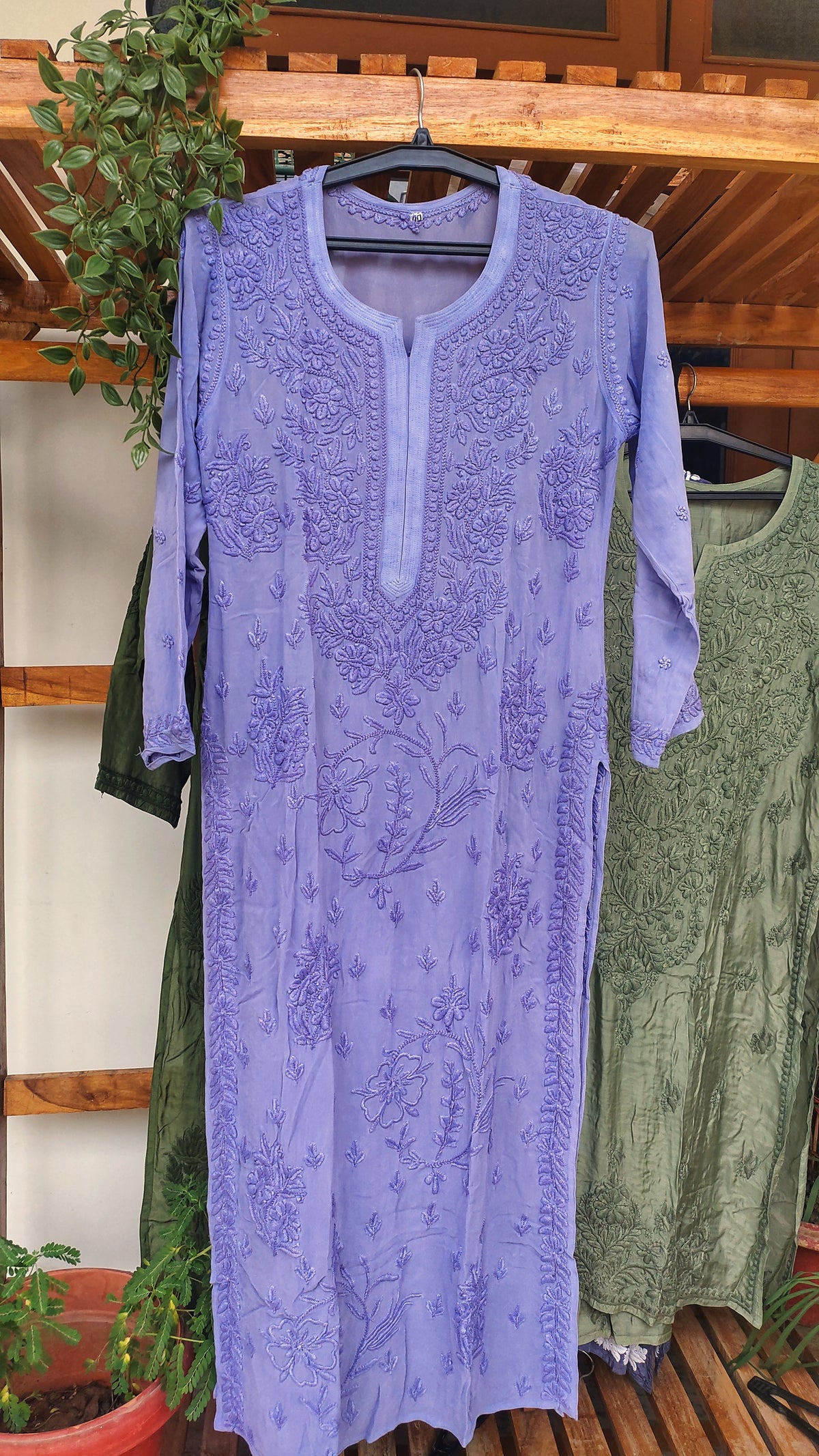 Lavender Arzoo luxury georgette Chikankari Kurta by LVW Fashions, handcrafted Lucknow embroidery, showcasing intricate floral designs.