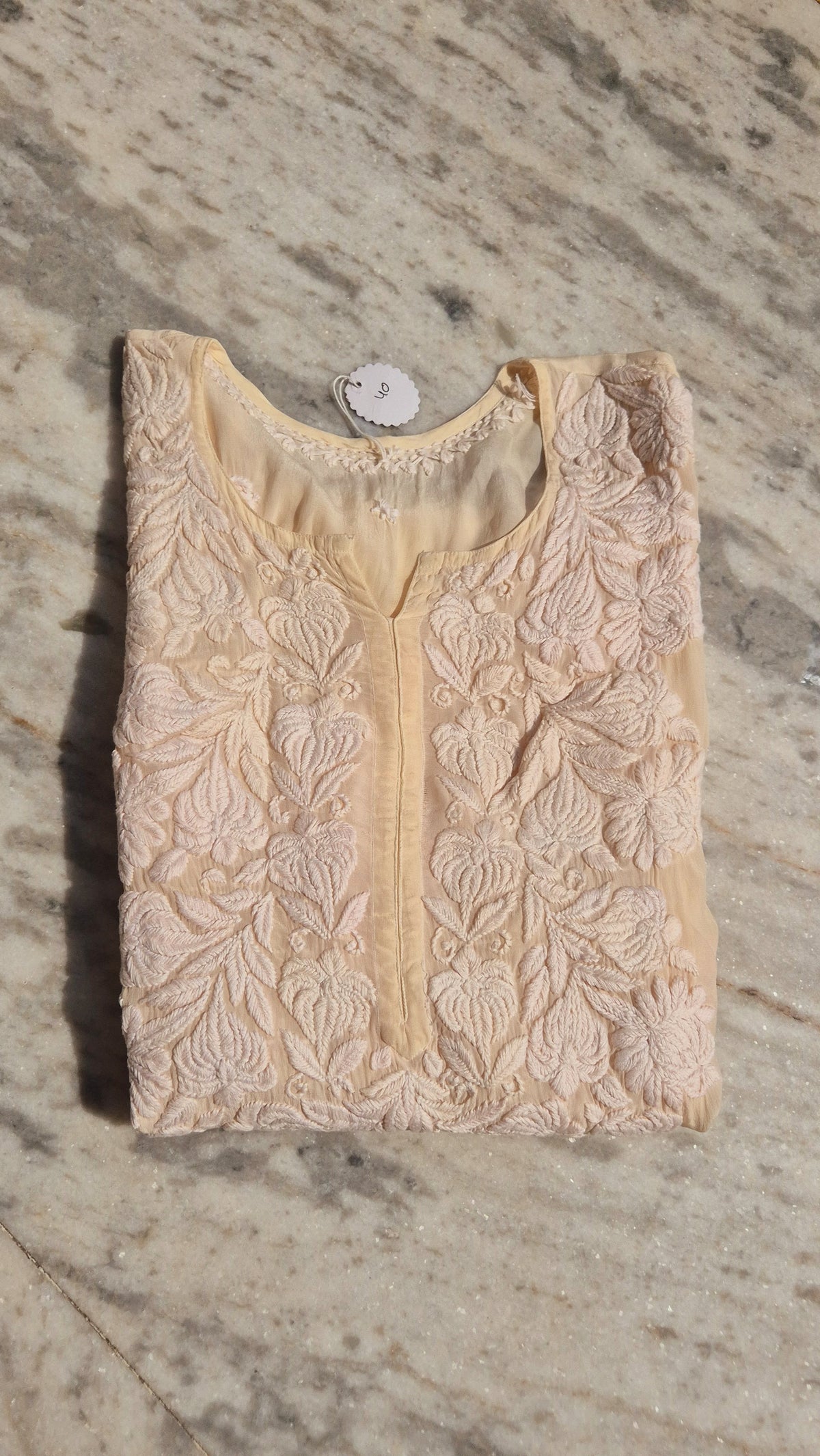 Azlyna premium silk Chikankari long kurta by LVW Fashions, handmade Lucknow embroidery, limited edition, XS size.
