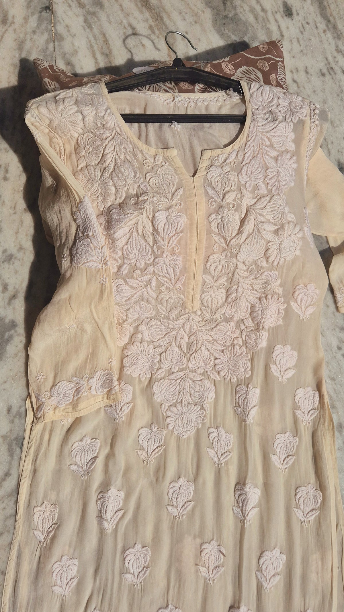 Handmade Azlyna Premium Silk Chikankari Long Kurta by LVW Fashions, featuring intricate Lucknow Chikankari embroidery.