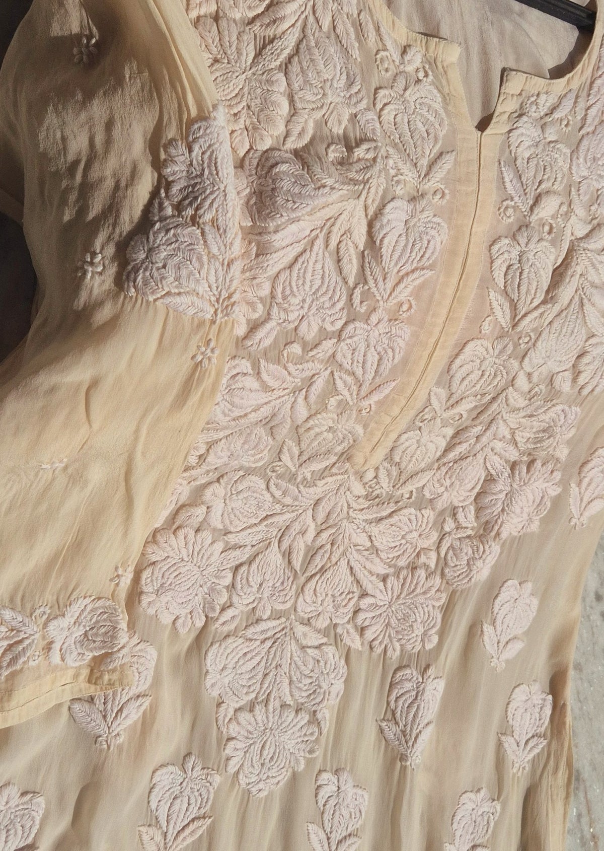Azlyna Premium Silk Chikankari Long Kurta by LVW Fashions, handmade Lucknow chikankari in limited edition, shown in XXS size.