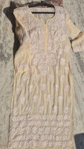 Azlyna premium silk Chikankari long kurta by LVW Fashions, handmade in Lucknow with intricate embroidery in limited edition.