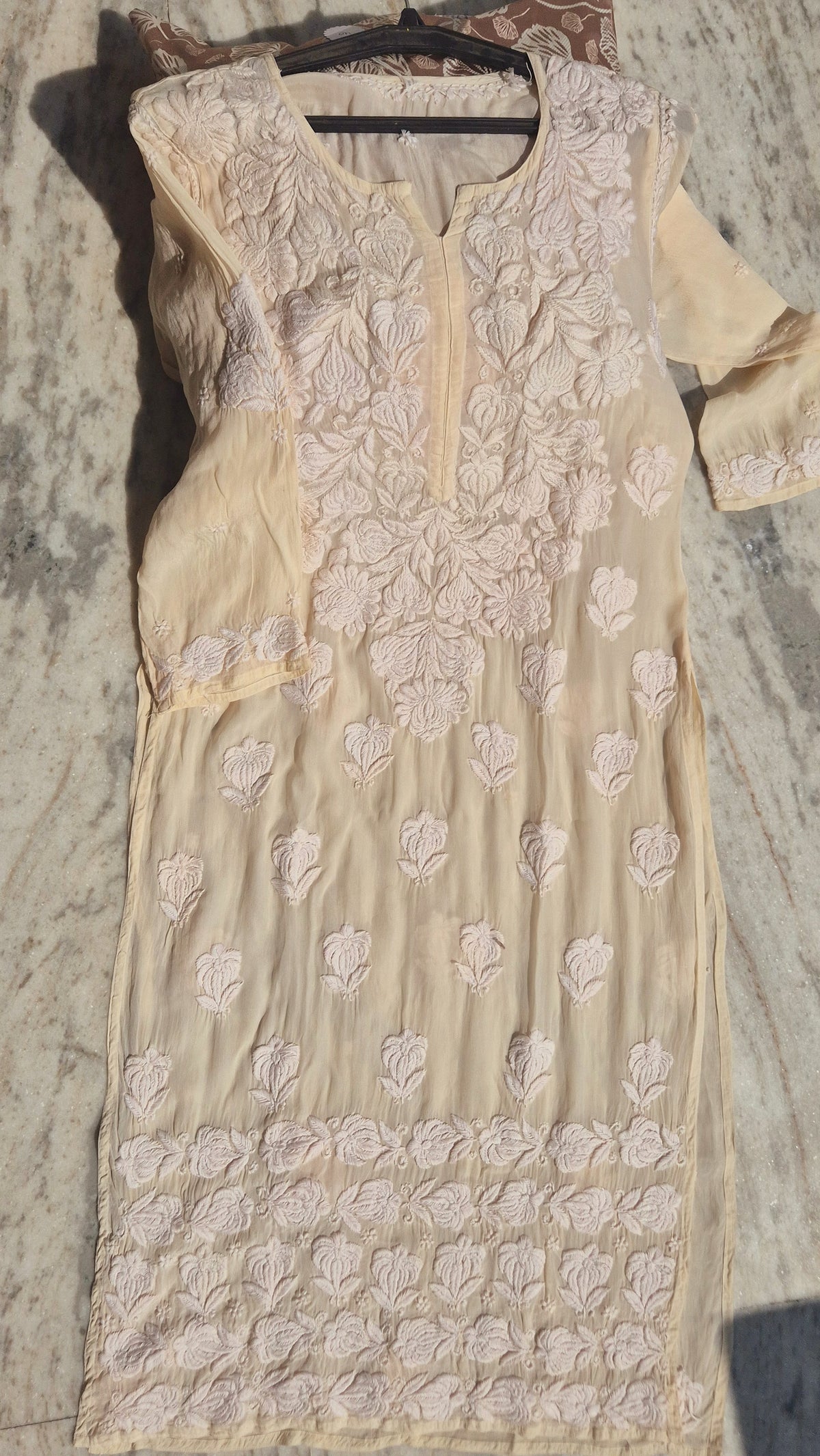 Azlyna premium silk Chikankari long kurta by LVW Fashions, handmade in Lucknow with intricate embroidery in limited edition.