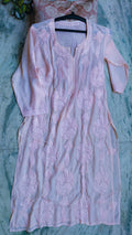 Baby pink Lotus silk chikankari long kurta by LVW Fashions featuring intricate handmade Lucknow chikankari embroidery.