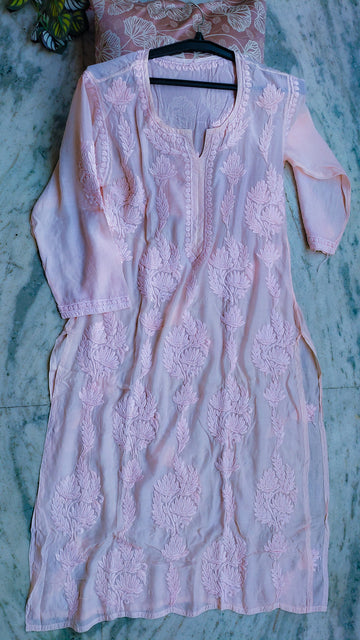 Baby pink Lotus silk chikankari long kurta by LVW Fashions featuring intricate handmade Lucknow chikankari embroidery.
