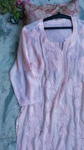 Baby pink Lotus premium silk Chikankari long kurta by LVW Fashions, featuring intricate handmade Lucknow embroidery.