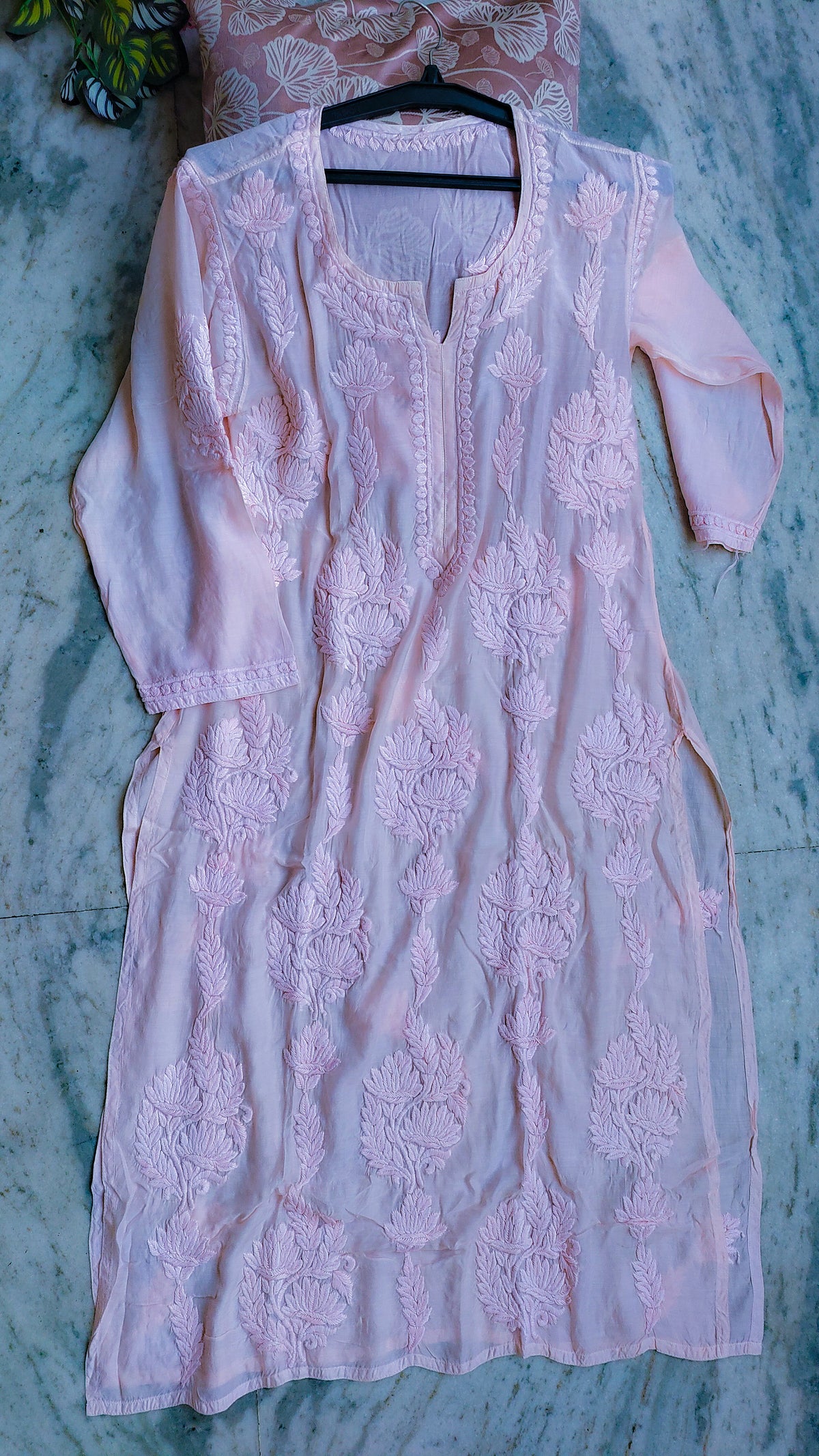 Baby pink silk long kurta with intricate Lucknow chikankari embroidery by LVW Fashions, featuring delicate floral lotus patterns.